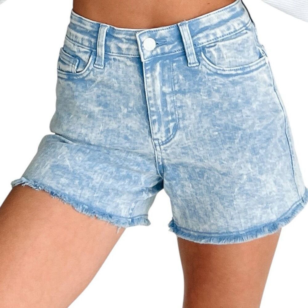 Judy Blue Plus Shorts Mid-Rise Acid Wash Cyan Garment Dyed Jean | Stretch Denim